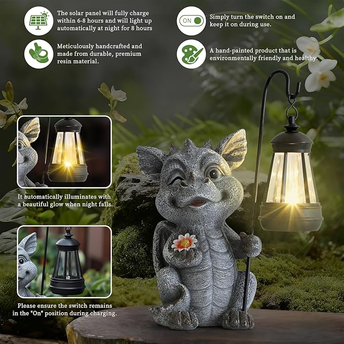Ploxoiven Garden Figurines Dragon Statue Decorations - Solar ResinDragon with Solar Garden Lights Outdoor Decorations for Patio,Yard,Lawn,