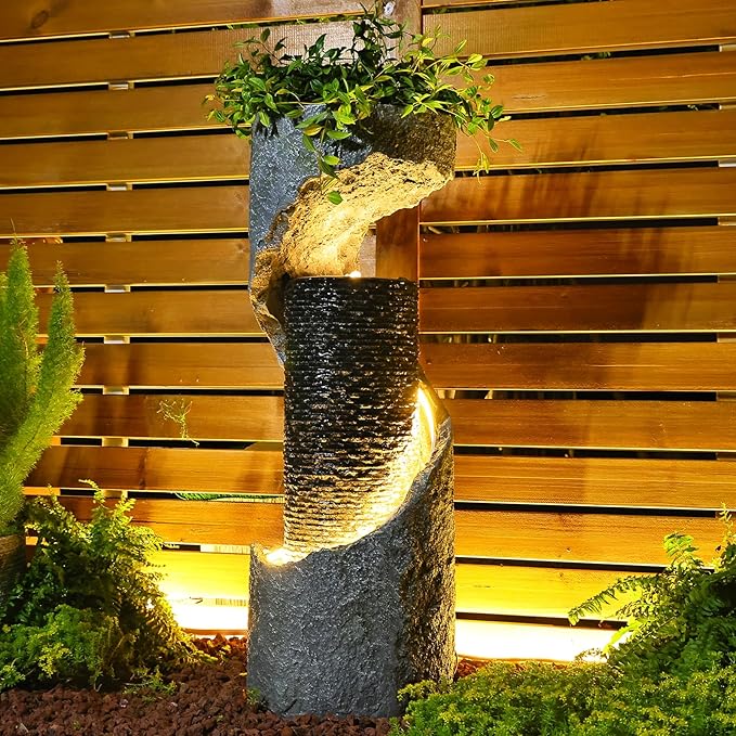 35.4" H Water Fountain Outdoor Water Feature Indoor,Modern Spiral Water Fall Fountains for Outside for Garden, Patio, Deck, Yard, Porch, Office with Lights Home Art Decor