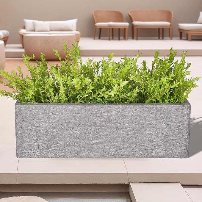 TerraDeco 24 Inch Rectangular Concrete Planter,Durable All-Weather Use with Drainage Holes,Large Rectangular Planter for Outdoor Indoor Plants