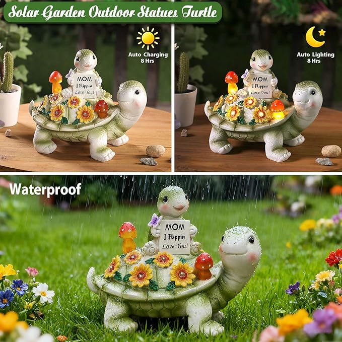 Solar Turtle Garden Statue 7.5 inches, I Flippin Love You Tortoise Figurine with 7 LED Lights, Outdoor Lawn Decor for Patio, Yard, Balcony, Birthday for Mom, Grandma, Women