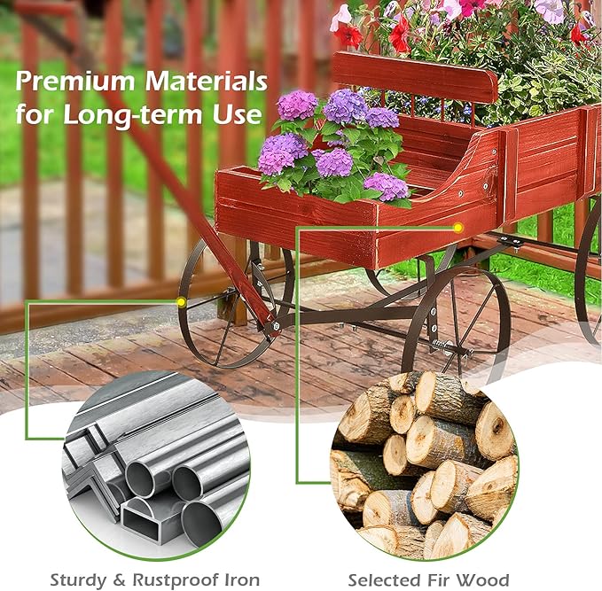 Giantex Decorative Garden Planter, Small Wagon Cart with Metal Wheels, Wood Raised Beds Plant Pot Stand for Backyard Garden Patio 24.5"x13.5"x24" (Red)