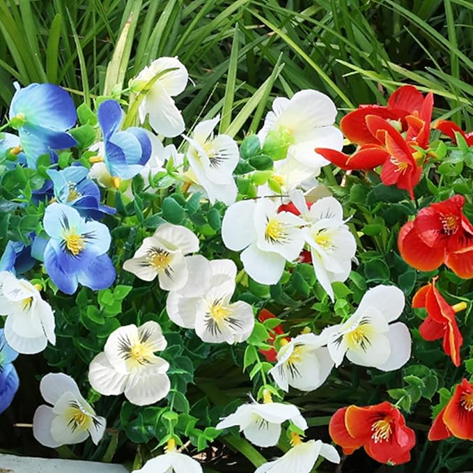 Ivydale Artificial Flowers for Outdoor Decorations, 12 Bundles Fake Pansies Flower, Silk Flora with Eucalyptus for Planter, UV Resistant Realistic Bouquets Front Door Garden Porch Patio Yard