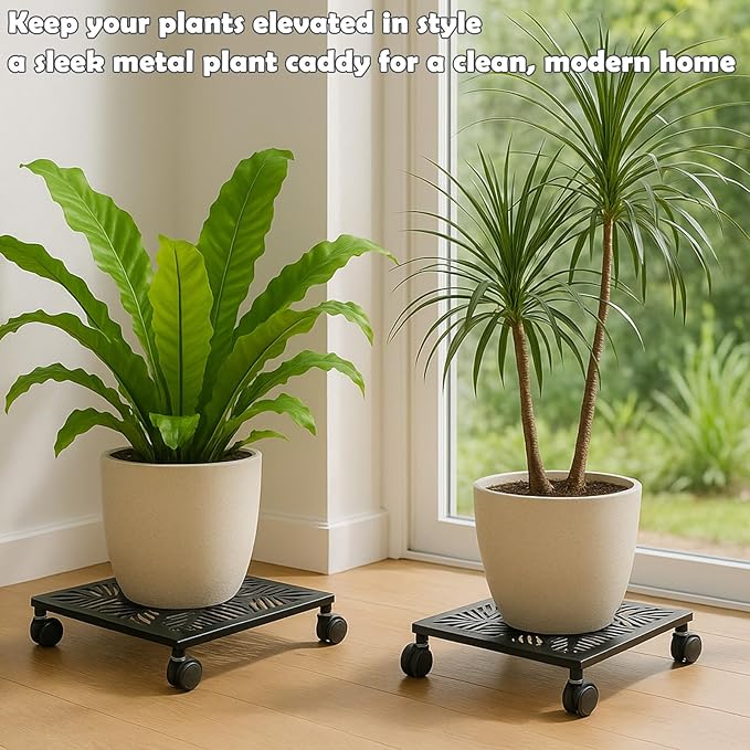 2-pack 12 Inches Square Metal Plant Caddy with Wheels Heavy Duty Large Rolling Plant Stand Indoor Outdoor Wheeled Planter Dolly Cart with Lockable Casters Flower Pot Mover Roller Trolley, Black
