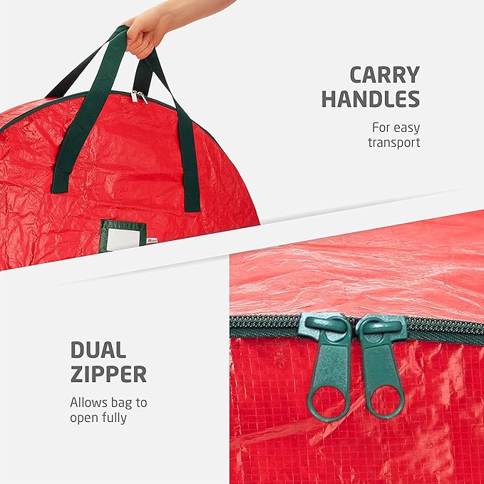 ZOBER Christmas Wreath Storage Container 24 Inch - Wreath Bag for Artificial Wreaths Box - Dual Zippered Wreaths Storage Bag with Strong Durable Handles - Red