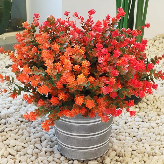 BCBLF Artificial Flowers for Outdoors, Faux Flowers for Outdoor planters, 12 Bundles Fake Flowers UV-Anti for Decoration, Outdoor Faux Plants, Orange+Red