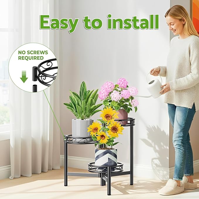 NQW 3-Tier Plant Stand Outdoor,Metal Plant Stand for Multiple Plants, Folding Tall Plant Rack Display Shelf for Corner Living Room Porch Patio Garden Office - BalckCircle
