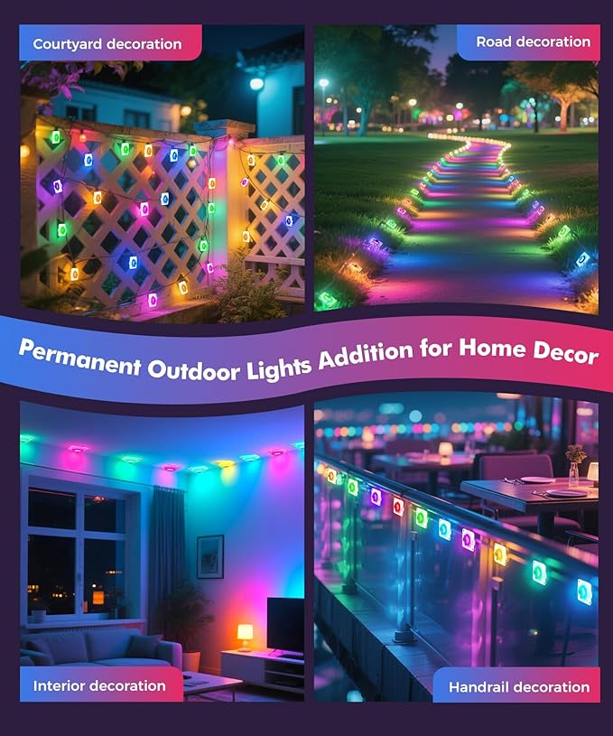POOFZY Permanent Outdoor Lights for House,100ft RGB+IC Smart Outdoor Decor, 50 Scene Modes,App/Remote Control,IP67 Waterproof,for Christmas,Super Bowl,V-Day,Thanksgiving,Daily & Holiday Party Decor