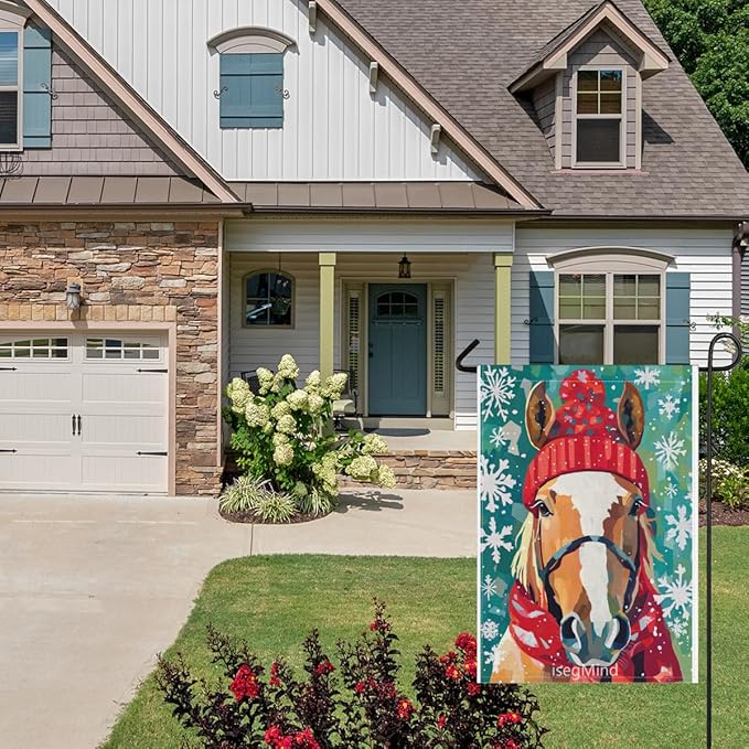 Horse with Red Scarf and Hat Snowflake Christmas Garden Flag, 28x40 Inch Double Sided Linen Holiday Red Winter Farmhouse Yard Outdoor Decoration (4321)