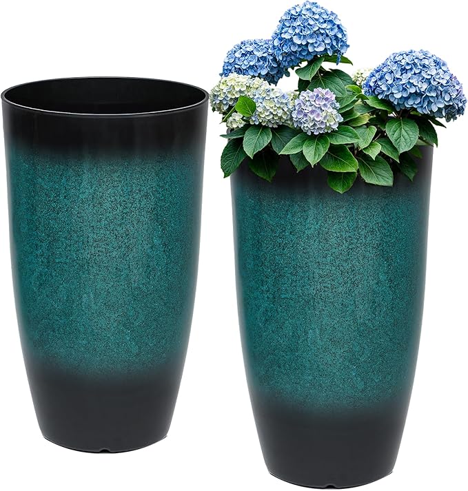 Autodaya 24" Tall Planters Set of 2, High-Density PP Ceramic-Look Outdoor Pots for Plants, Versatile Indoor/Outdoor Flower Pots w/Drainage Hole for Patio Garden Porch & Living Room Decor, Ideal Gift