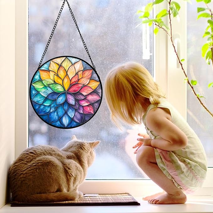 DASTOLL Stained Glass Window Hanging, Colorful Flower Petals Sun Catchers Diamond Glass Panel Hangings Suncatcher Decor for Birthday for Women, Men, Wife, Aunt, and Mom 9.8 in