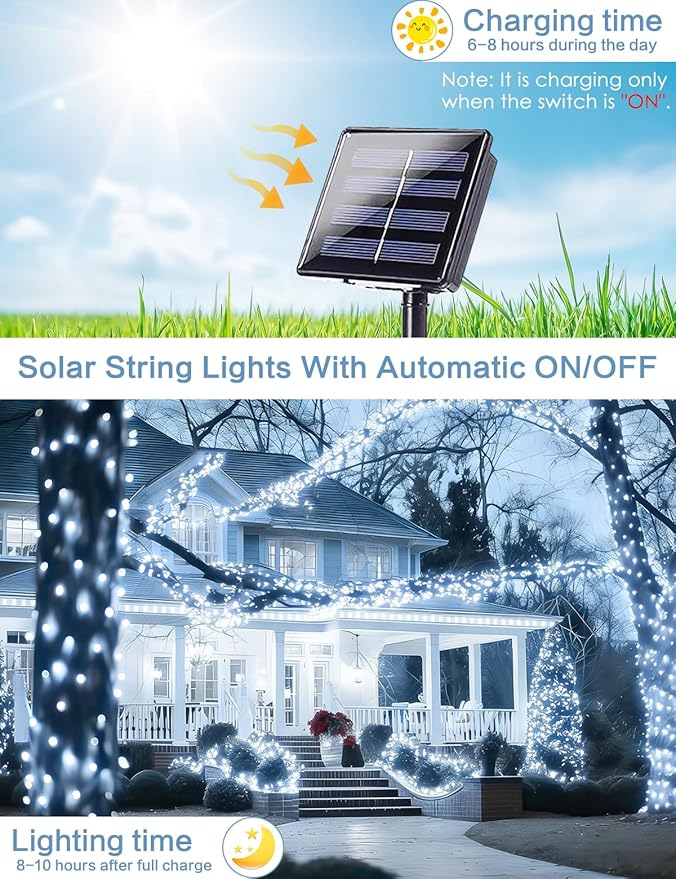 Solar String Lights Outdoor, 2-Pack Each 72FT 200 LED Solar Christmas Twinkle Lights Outside Waterproof Copper Wire with 8 Modes Solar Fairy Lights for Garden Tree Birthday Christmas Decor(Cool White)