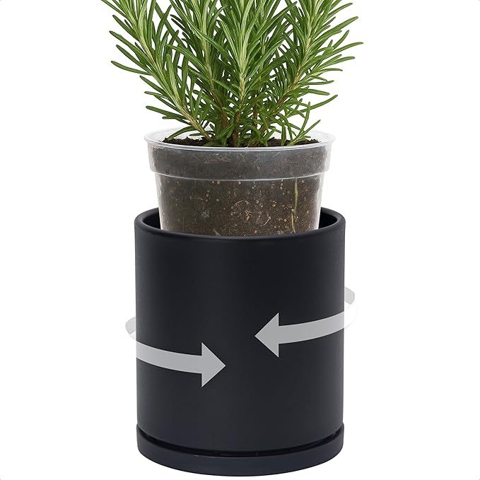 D'vine Dev Double-Layer Planter Set – Rotating Plastic Cachepot with Clear Inner Liner for Root Health, Perfect for Indoor Plants, 4.5", Black, 73-U-B-1