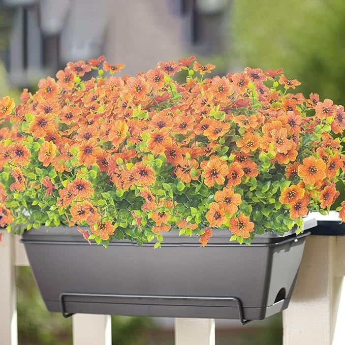 Grunyia 10 Bundles Artificial Flowers Outdoor UV Resistant Fake Flowers No Fade Faux Plants Garden Porch Window Box Decorating (Orange)