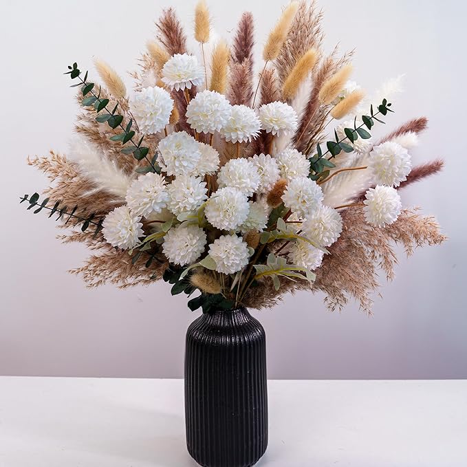 High-End Faux Flower Bouquet with Dried Pampas Grass Decor – Realistic Artificial Flowers Indoor | Faux Peonies, Mums, Ranunculus, Eucalyptus | Dried Floral Arrangements & Vase Fillers for Home Decor
