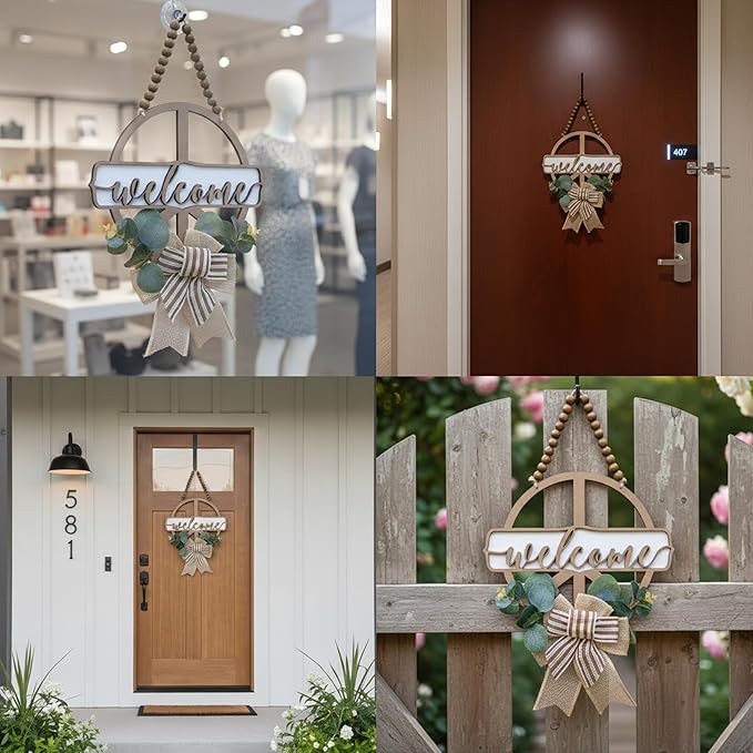 12 Inch Round 3D Welcome Door Sign, 0.4" Thick Solid Wood Front Door Welcome Sign with Artificial Greenery, Buffalo Plaid Bow & Rustic Beads, Farmhouse Porch Home Décor, Hanging Welcome Home Sign