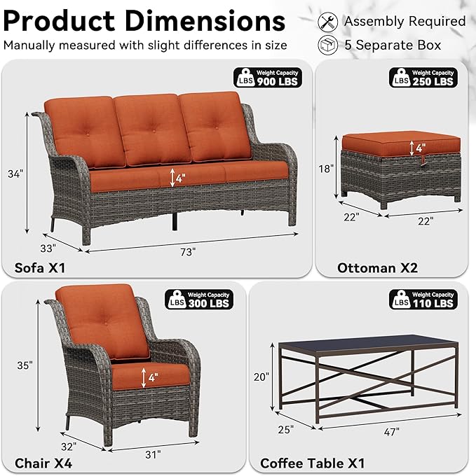 8 Piece Outdoor Wicker Patio Furniture Set, Patio Chairs Set with Thickened Olefin Cushions, High Back and Deep Seating, Hand-Woven PE Rattan, Ottoman for Porch, Deck