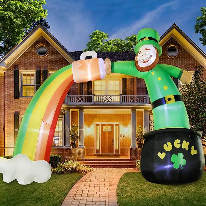 St. Patricks Day Inflatable Decorations 8ft Leprechaun Rainbow Arch with Gold Coin Pot and Cloud Built-in LED Lights Outdoor Theme Party Decor Holiday Lawn Yard Garden Patio Décor