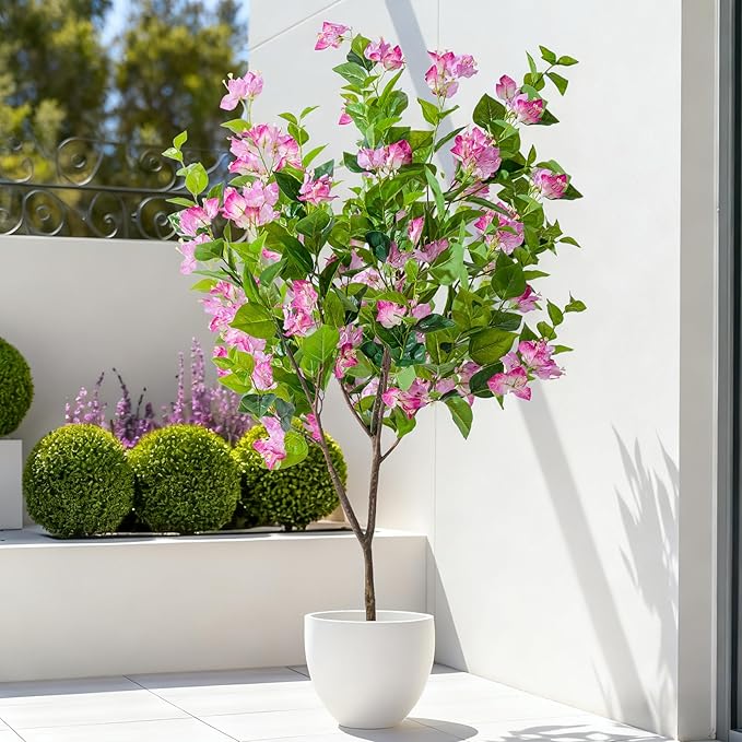 4FT Artificial Bougainvillea Tree Artificial Tree Tall Potted Fake Bougainvillea Trees for Outdoor Indoor Lifelike Potted Faux Plants with Wood Trunk and Flowers Office Wedding Home Decor