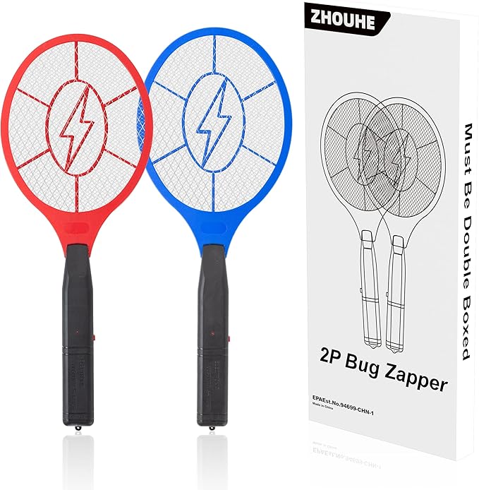Electric Fly Swatter 2 Pack (Red & Blue), Battery Powered Bug Zapper Racket for Mosquitoes & Flies, Safe Protective Mesh, Indoor & Outdoor Use, Batteries Not Included