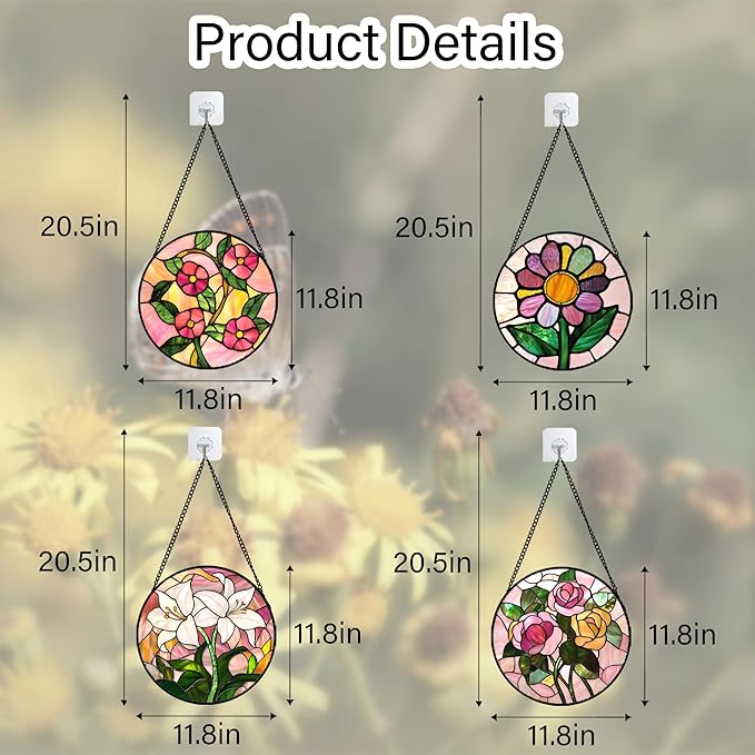 DASTOLL Stained Glass Window Hanging 4 Pcs Set Pink Floral Theme Large 11.8" - Flowers Suncatcher Door Garden Sun Catcher Decor Birthday Christmas for Mom Woman Nana Men Friend