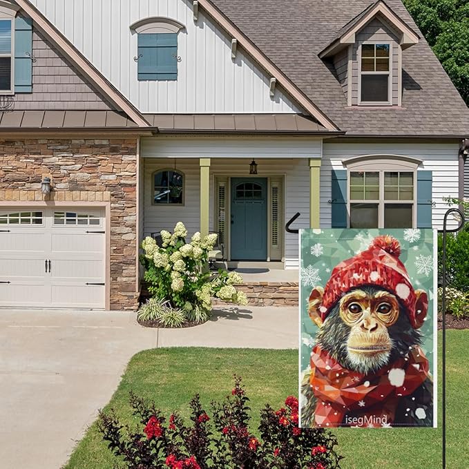 Monkey with Red Scarf and Hat Snowflake Christmas Garden Flag, 28x40 Inch Double Sided Linen Holiday Red Winter Farmhouse Yard Outdoor Decoration (4340)