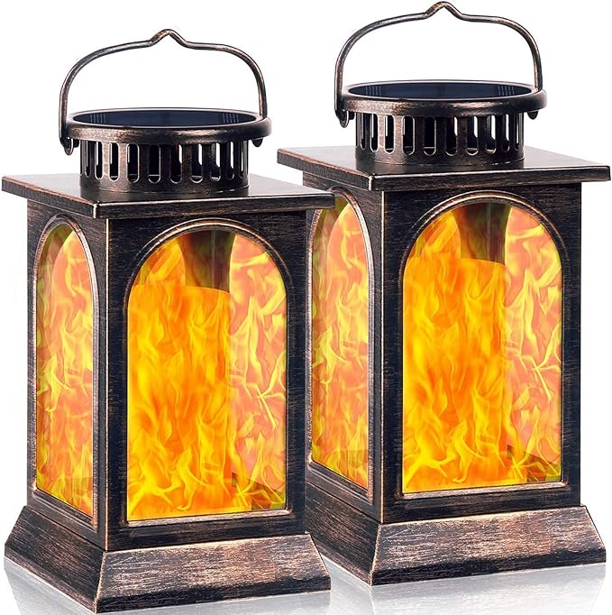 TomCare Solar Lights Flickering Flame Upgraded Metal Solar Lantern Outdoor Hanging Decorative Lanterns Heavy Duty Solar Powered Waterproof Outdoor Lighting for Patio Garden, 2 Pack (Bronze)