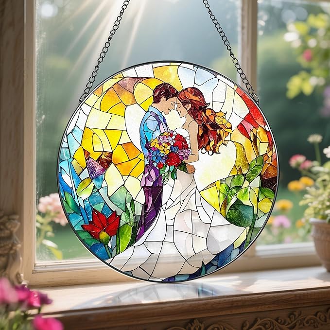 LAOWEIKI 8'' Romantic Couple Wedding Sun Catcher Ornament, Stained Glass Window Hanging, Suncatchers for Windows Hanging Ornaments, Window Decor | Ideal Gift, Wedding Gift, Gifts for Couple & Newlywed