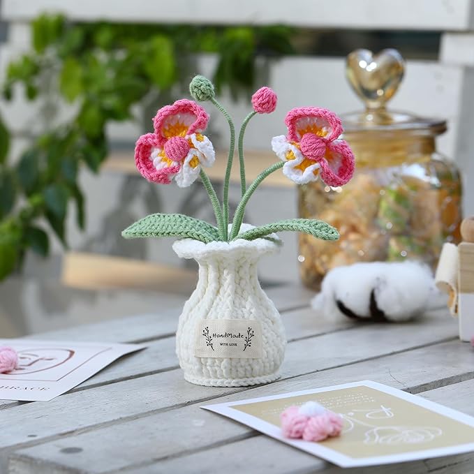 YOOJEE Orchid Crochet Flower Pot Deep Rose Handmade Knitted Phalaenopsis Desk Decor for Home Office