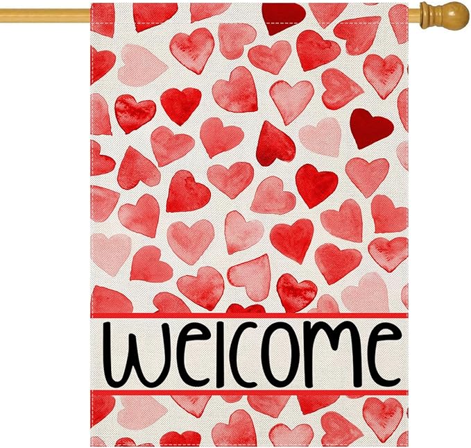 Valentines Love Hearts House Flags for Outdoor Decoration, Welcome Love Hearts Large Yard Flag, Decorative Anniversary Wedding Seasonal Farmhouse Holiday Outside Decor 28x40 Inch Vertical Double Sided