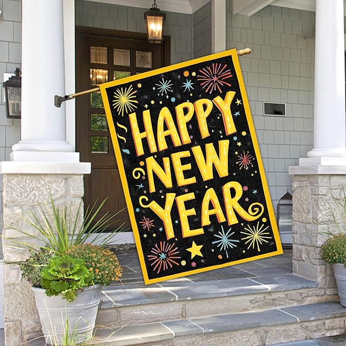 Happy New Year House Flag 28x40 Inch Double Sided Garden Flag Colorful Fireworks Gold Letter Design Winter Holiday Yard Banner Large Outdoor Polyester Flag for Porch Lawn Home Decoration