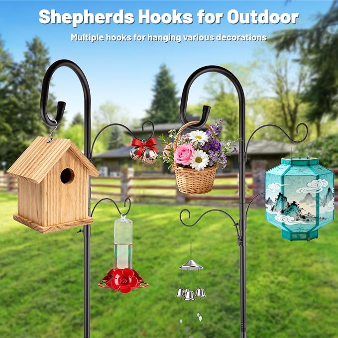 Eyrizon 4-Hook Bird Feeder Pole for Outdoor,92 Inch Heavy Duty Shepherds Hooks with 5 Prongs Base,Adjustable Garden Hook for Hanging Plant,Hummingbird Feeder,Solar Light,Lantern