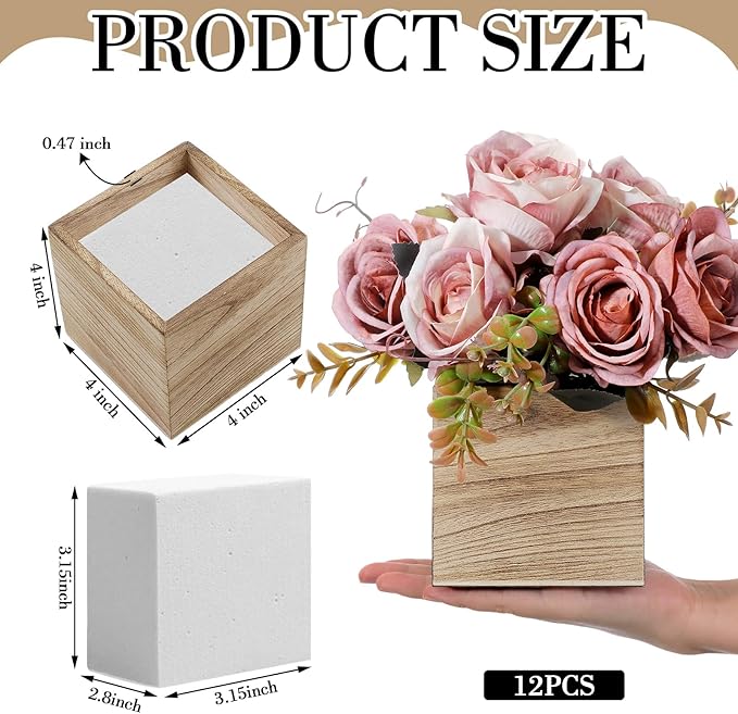 Suzile 12 Set 4 Inch Wooden Planter Box Flower Square Vases for Centerpiece Rustic Cube Planter Box with Removable Foam Blocks Liner Square Vase Craft for Garden Home(Wood Color)