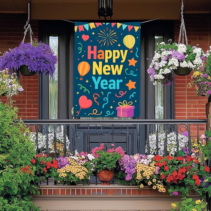 Happy New Year House Flag 28x40 Inch Double Sided Garden Flag Hot Air Balloon Gift Box and Confetti Design Winter Holiday Yard Banner Large Outdoor Flag for Porch Lawn Home Decoration
