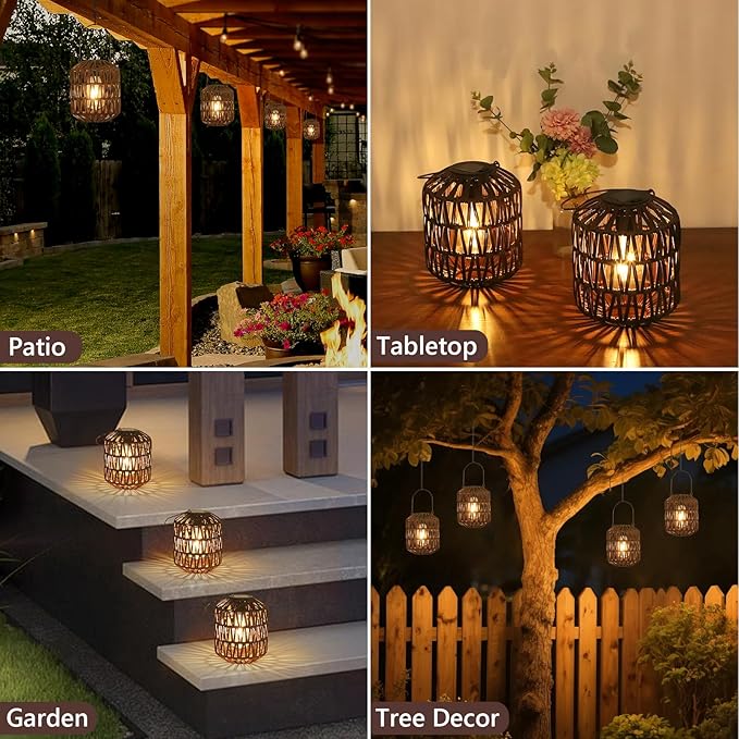 Rattan Outdoor Solar Lanterns, Solar Lights Outdoor Waterproof, 2 Pack Outside Table Lamp, Gardening Lantern Lights Gifts for Women, Hanging Lantern for Yard, Patio, Tree, Tabletop Decoration (Coffee)