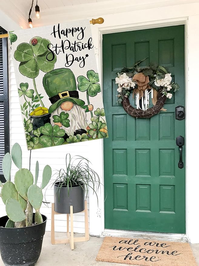 Happy St Patricks Day House Flags for Outdoor Decoration, Irish Gnome with Shamrocks Large Yard Flag,Seasonal Decorative Decor for Holiday Irish Anniversary Celebration Outside 28x40 Inch Double Sided