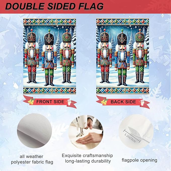 IVN Christmas Garden Flag 12x18 Inch Nutcracker Soldiers in Colorful Uniform with Snowy Pine Trees and Holiday Border Flag Double Sided Outdoor Yard Banner for Porch Lawn Patio Decor Winter