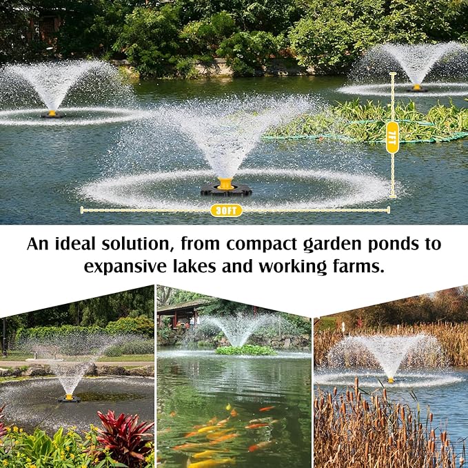 Pond Fountain Aerator Burnvale BU-F4, 1HP 15000 GPH Floating Pond Aerator Fountain with 100FT Power Cord, Timer, 2x100FT Traction Rope for Large Ponds, Lakes, Farm, Ranch, Outdoor Large Fish Pond