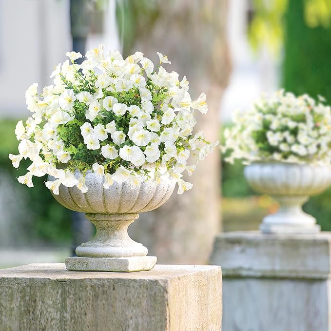 Artificial Flowers for Outdoors 12 Bundles Realistic Faux Plants UV Resistant Fake Silk Morning Glory with Eucalyptus for Front Door Planter Patio Porch Outside Spring Summer Decoration (White)