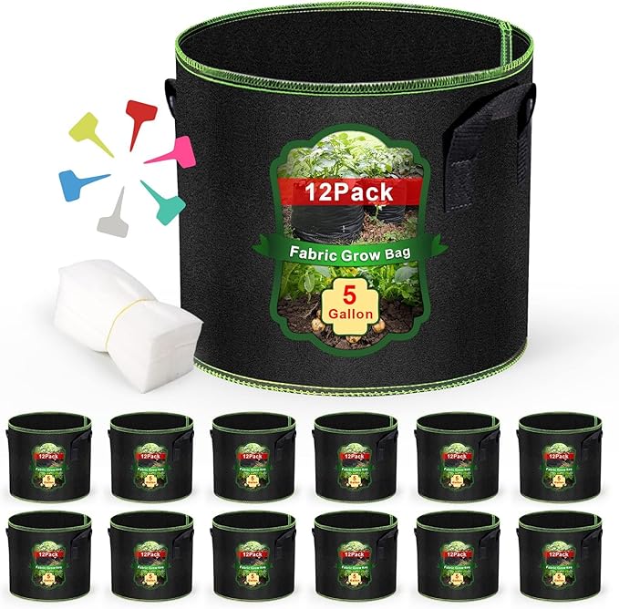MEKOLIFE 5 Gallon Grow Bags 12 Pack - Thickened Nonwoven Aeration Planter Bags with Handles, Plant Tags & Seedling Bags, Heavy Duty Black Fabric Pots for Vegetable Gardening Garden Outdoor
