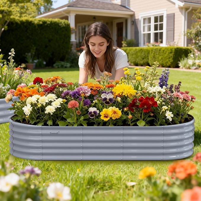 Galvanized Raised Garden Bed, 8x3x1.5ft Oval Rot-Resistant Metal Planter Box with Easy Tool-Free Assembly, 18-inch Deep Ergonomic Large Outdoor Gardening Bed for Plants Vegetables, Flowers, Herb(Gray)