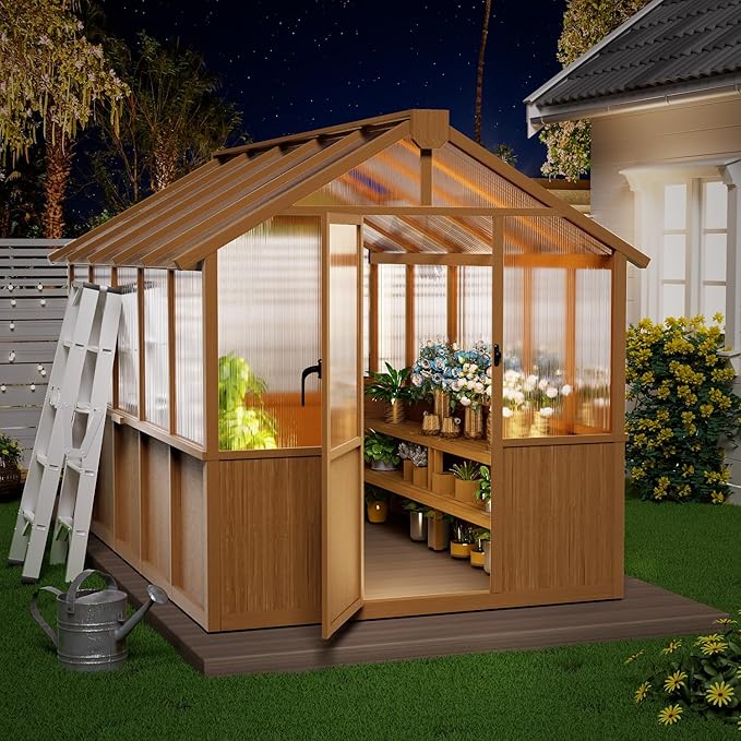 6x10 FT Wooden Greenhouse,Natural Wood Garden House for Plants,Heavy Duty Green House with Polycarbonate Panel, Walk-in Large Garden Greenhouse for Yard, Patio, and Backyard