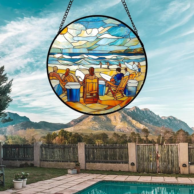 Stained Glass Window Hanging 4 Pcs Set Blue Ocean Surfing Beach 7.8" - Suncatcher Door Garden Sun Catcher Decor Birthday Mother's Day for Firefighte Men Woman Nana Mom