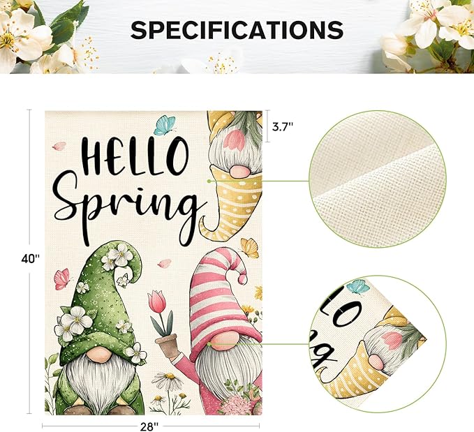 AVOIN colorlife Hello Spring House Flag 28x40 Inch Double Sided Outside, Seasonal Floral Gnomes Rustic Yard Outdoor Flag