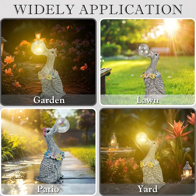Porch Goose Statue with Solar Bubble Light Garden Gray Figurine Decor for Yard Lawn Patio Outdoor Decorations Housewarming Gifts for Mom Grandma Women