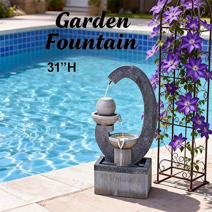 Qingyinge 31'' H Modern Outdoor Fountain Resin Outdoor Garden Fountains with Contemporary Design LED Light for Garden, Patio, Deck, Porch, Backyard and Home Art Decor