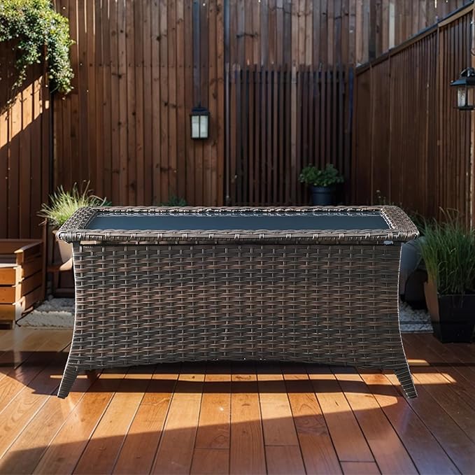 Outdoor Coffee Table - Patio Rattan Wicker Coffee Table with Tempered Glass Top Outdoor Table for Deck Porch Balcony Garden - Brown