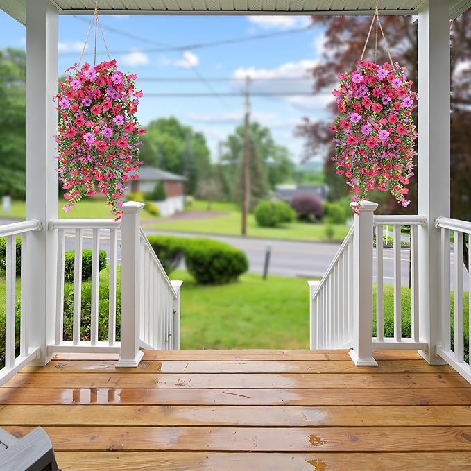 Artificial Fake Hanging Flowers Plants for Outdoor Outside Spring Summer Decoration 2PCS Faux Silk UV Resistant Realistic Mums Daisy with Eucalyptus for Home Porch Patio Balcony(Hot pink & Magenta)