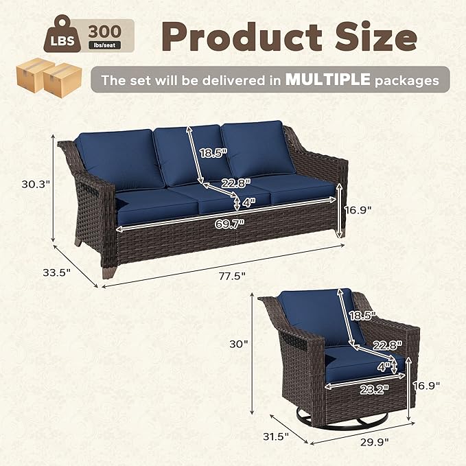 3 Pieces Patio Conversation Furniture Set - 1 Sofa, 2 Swivel Chairs, Outdoor Wicker Furniture with Removable Cushions for Porch, Balcony, Sunroom (Blue)