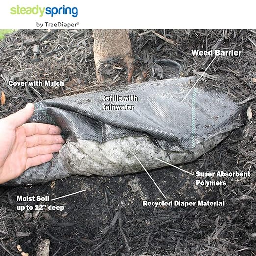 SteadySpring® 24" Smart 30+Day Tree Watering Mat - AUTO Refills with RAIN and Slow Releases As Plant Needs - for Root Balls 11" - 15" Dia Slow Release Technology Prevents Over and Under Watering (1)