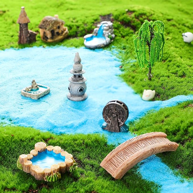 Jetec 12 Pcs Garden Accessories Miniature Bridge Mini Lighthouse Water Well Bridge Figurines Pond Lawn Ornament Figurines for DIY Craft Garden Decor(Classic Style)